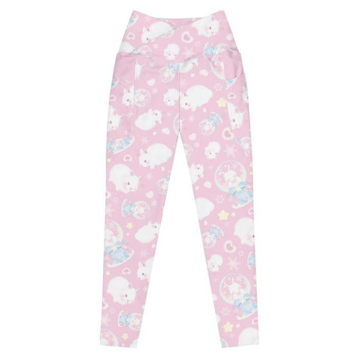 Snow Bunny kawaii premium leggings in pink with bunny-filled snow globes and snowflakes