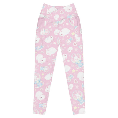 Snow Bunny kawaii premium leggings in pink with bunny-filled snow globes and snowflakes
