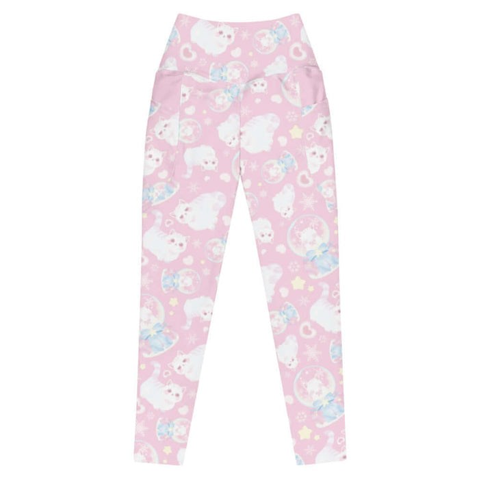 Snow Kitten kawaii premium leggings with fluffy white kittens and snow globes