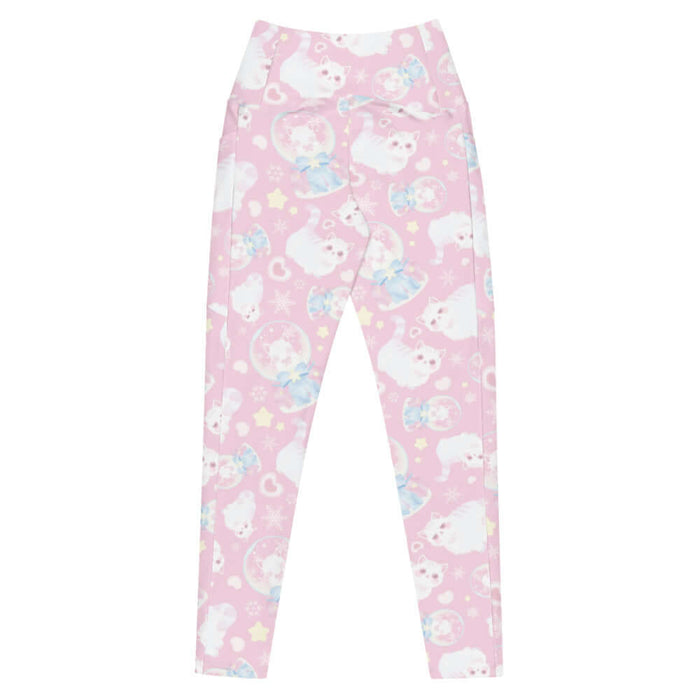 Snow Kitten kawaii premium leggings with blushing kittens and blue and pink bows
