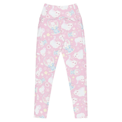 Snow Kitten kawaii premium leggings with blushing kittens and blue and pink bows