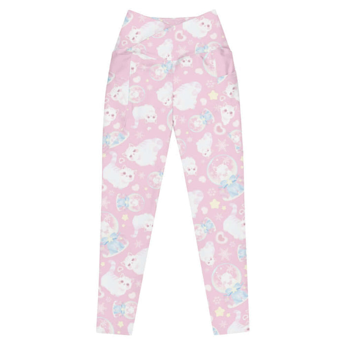 Snow Kitten kawaii premium leggings with snow globes and drifting snowflakes