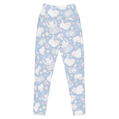 Snow Kitten kawaii premium leggings with blue and pink bows and little hearts