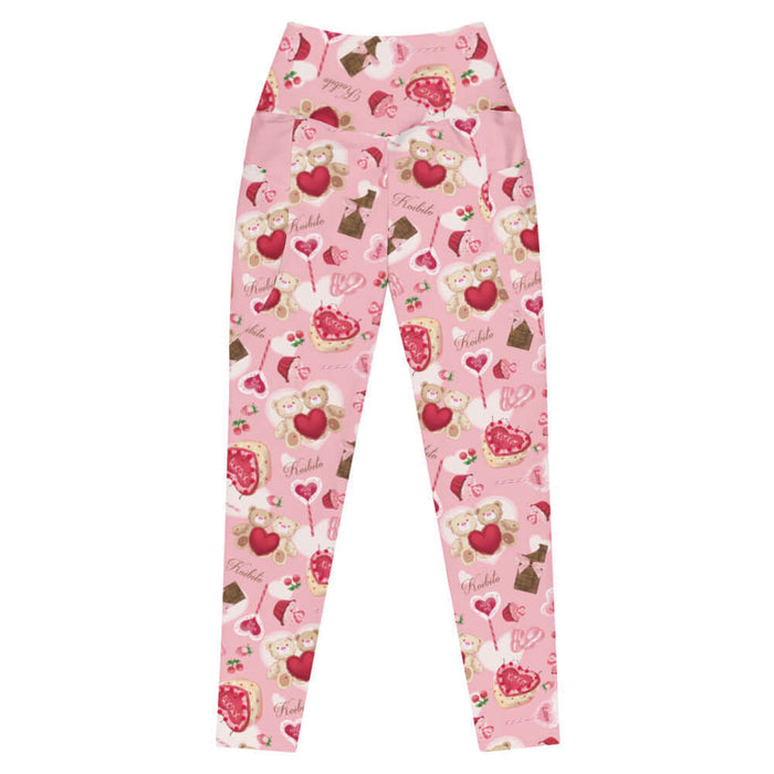 Sugar Sweetheart kawaii premium high-waisted leggings in pastel pink with cherry-topped cupcakes and hugging teddy bears