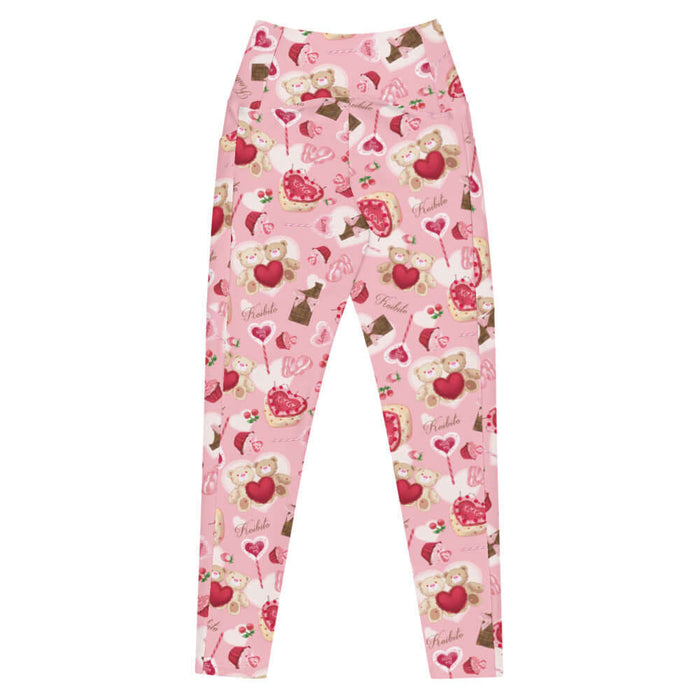 Sugar Sweetheart kawaii premium high-waisted leggings in pastel pink with XOXO heart cakes and heart-shaped macarons