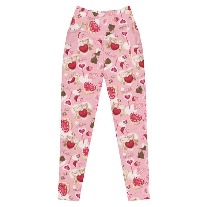 Sugar Sweetheart kawaii premium high-waisted leggings in pastel pink with satin-bowed chocolate bars and love-note lollipops