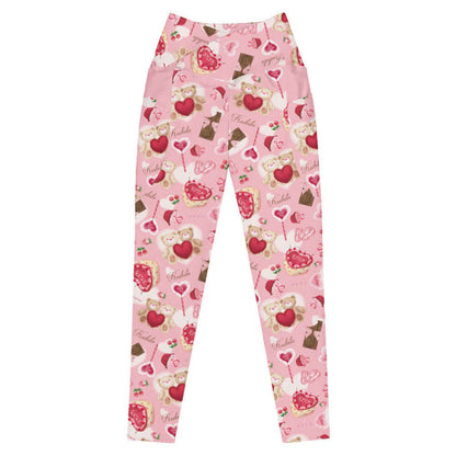 Sugar Sweetheart kawaii premium high-waisted leggings in pastel pink with satin-bowed chocolate bars and love-note lollipops