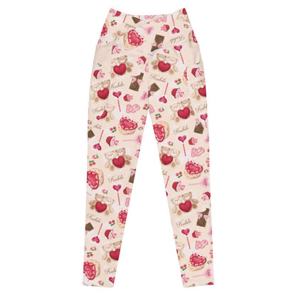 Sugar Sweetheart kawaii premium high-waisted leggings with hugging teddy bears and XOXO heart cakes