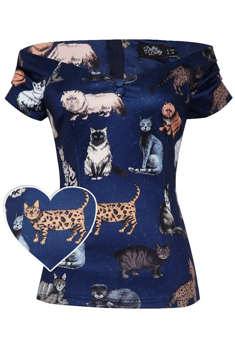 Lilian Off Shoulder Blue Cat Top