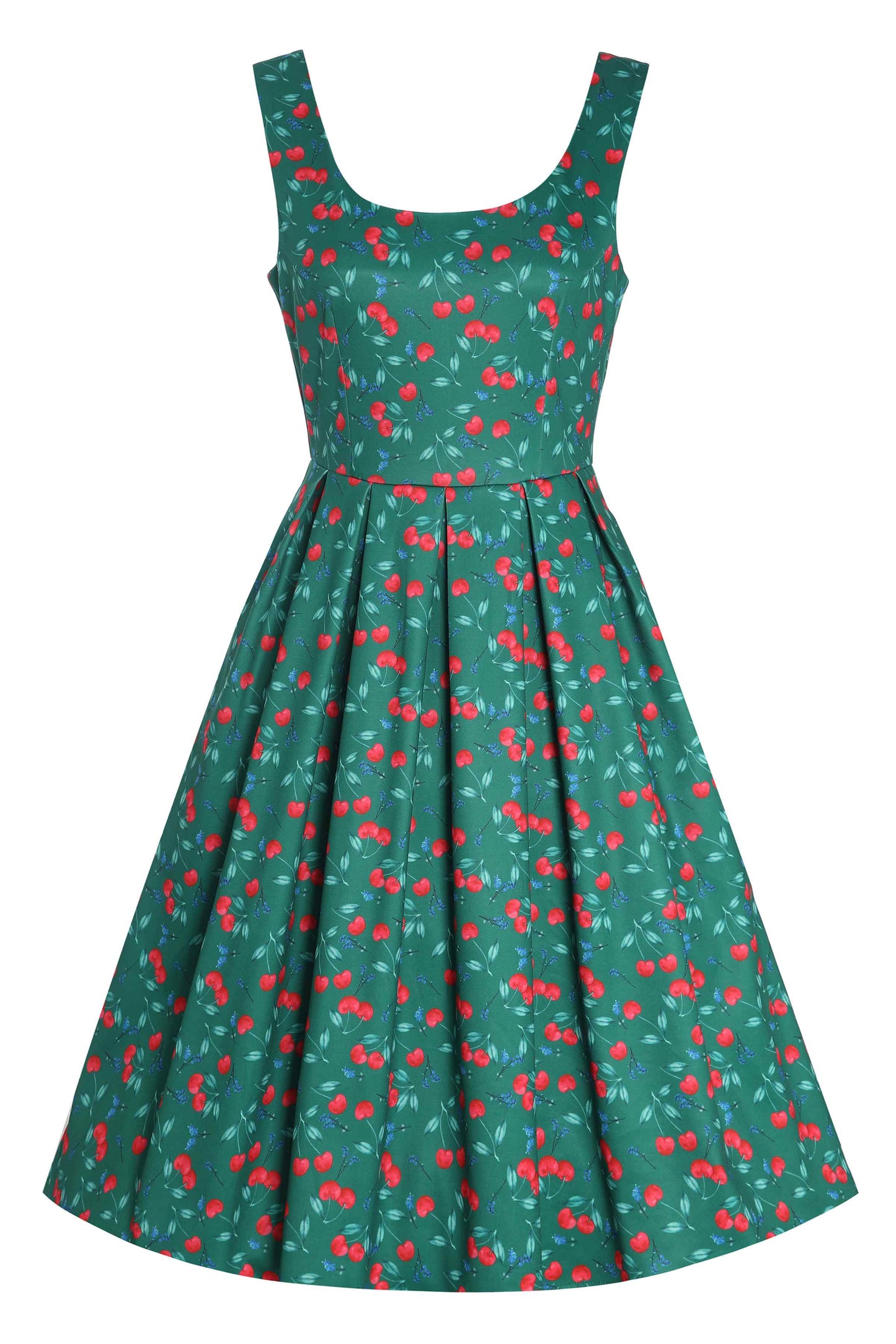 Amanda Cotton Red Cherry Flared Dress In Green