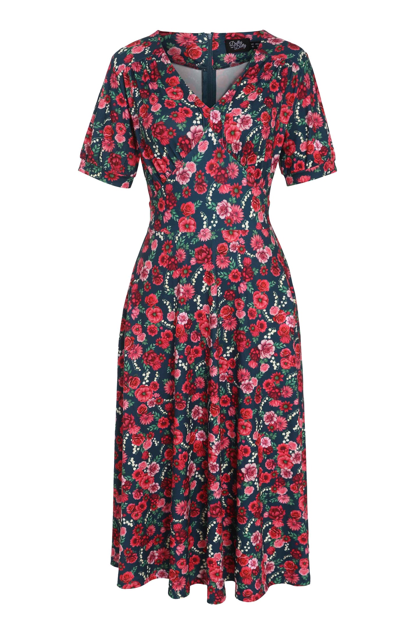 Julia Red Floral Midi Dress In Petrol Blue