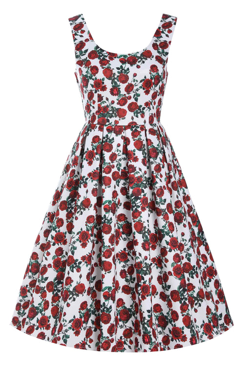 Amanda Retro Red Rose Dress In White