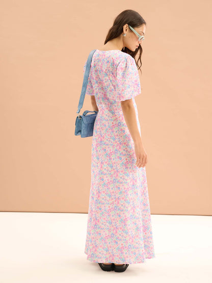 Rosie Ruched Puff Sleeve Dress in Sketched Floral Print