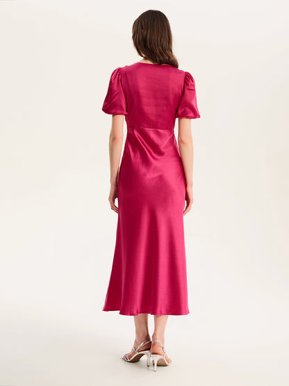 Rosie Ruched Puff Sleeve Dress in Magenta
