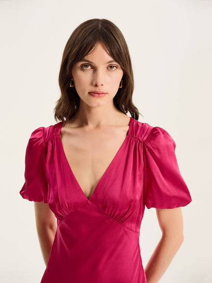 Rosie Ruched Puff Sleeve Dress in Magenta