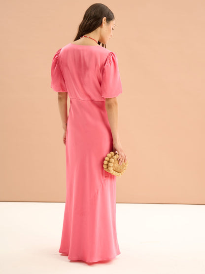 Rosie Ruched Puff Sleeve Dress in Hot Pink