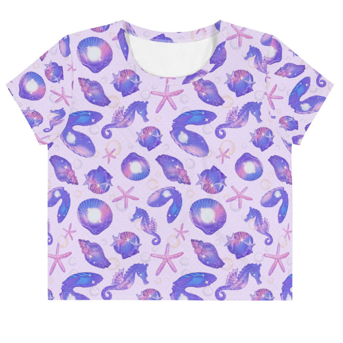 Sea Princess kawaii crop top with starfish and spiral conch shells in pastel blue, pink and purple