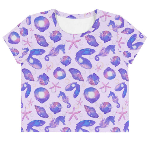 Sea Princess kawaii crop top with starfish and spiral conch shells in pastel blue, pink and purple