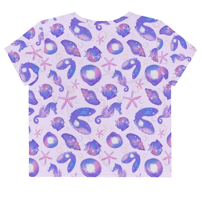Sea Princess kawaii crop top with seahorses and scallop shells in pastel blue, pink and purple