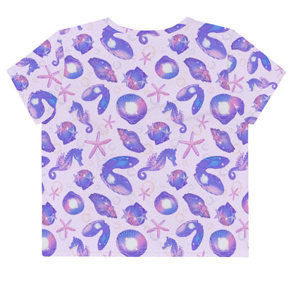 Sea Princess kawaii crop top with seahorses and scallop shells in pastel blue, pink and purple