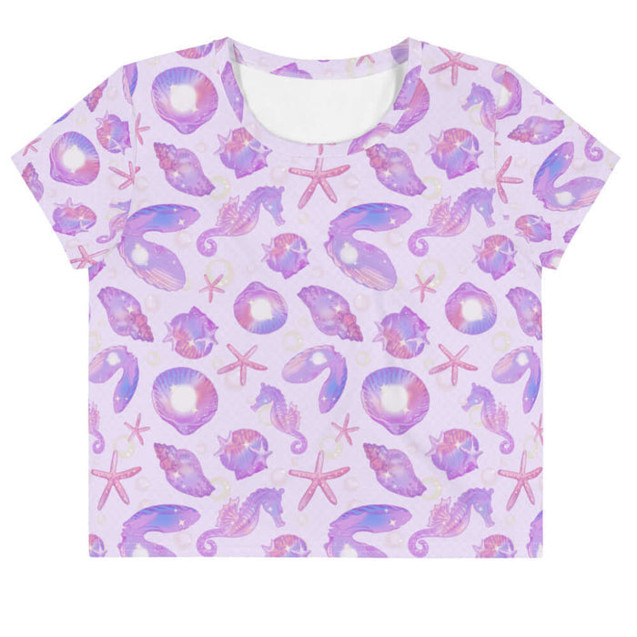 Sea Princess kawaii crop top with spiral shells and sea stars in pastel blue, pink and purple