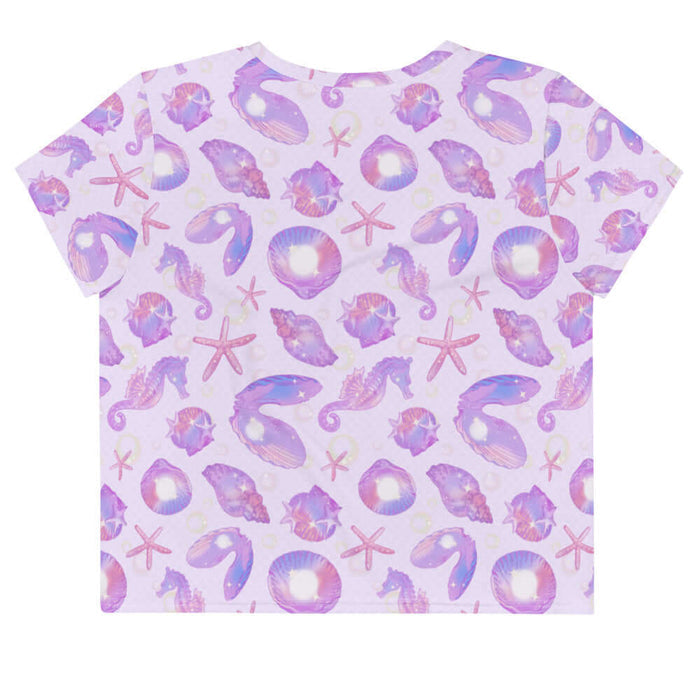 Sea Princess kawaii crop top with pearl oyster shells and seahorses in pastel blue, pink and purple
