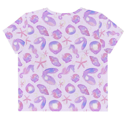Sea Princess kawaii crop top with pearl oyster shells and seahorses in pastel blue, pink and purple