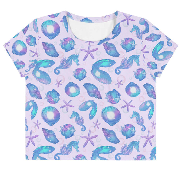 Sea Princess kawaii crop top with sea stars and scallop shells in pastel blue, pink and purple