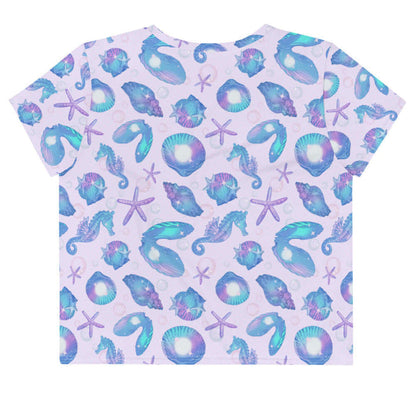 Sea Princess kawaii crop top with seahorses and starfish in pastel blue, pink and purple