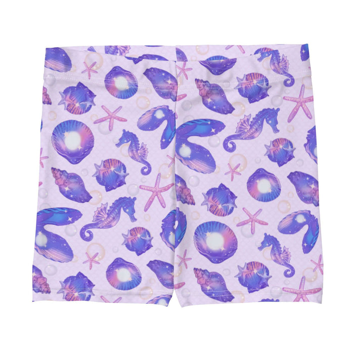 Sea Princess kawaii shorts with pearl oyster shells and seahorses in pastel blue, pink and purple