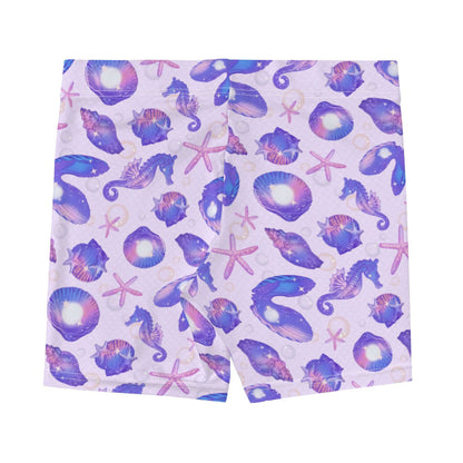 Sea Princess kawaii shorts with sea stars and scallop shells in pastel blue, pink and purple