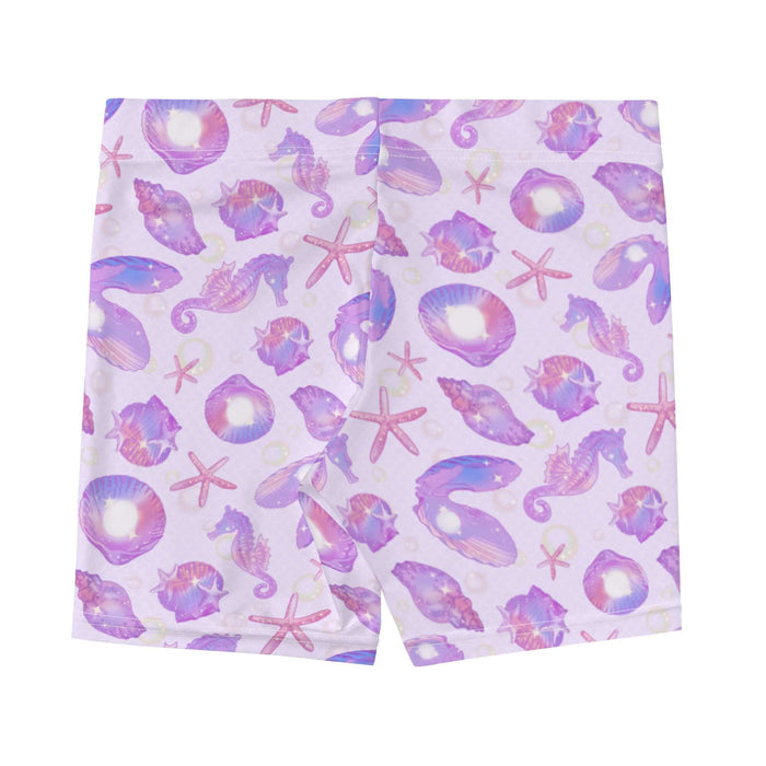 Sea Princess kawaii shorts with conch shells and scallop shells in pastel blue, pink and purple
