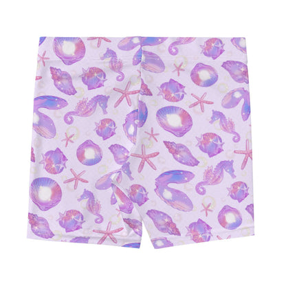 Sea Princess kawaii shorts with conch shells and scallop shells in pastel blue, pink and purple