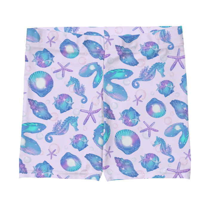 Sea Princess kawaii shorts with starfish and pearl oyster shells in pastel blue, pink and purple