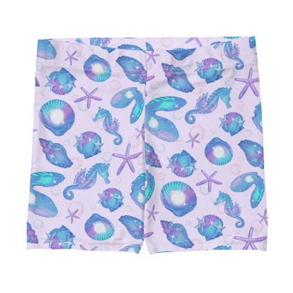 Sea Princess kawaii shorts with starfish and pearl oyster shells in pastel blue, pink and purple