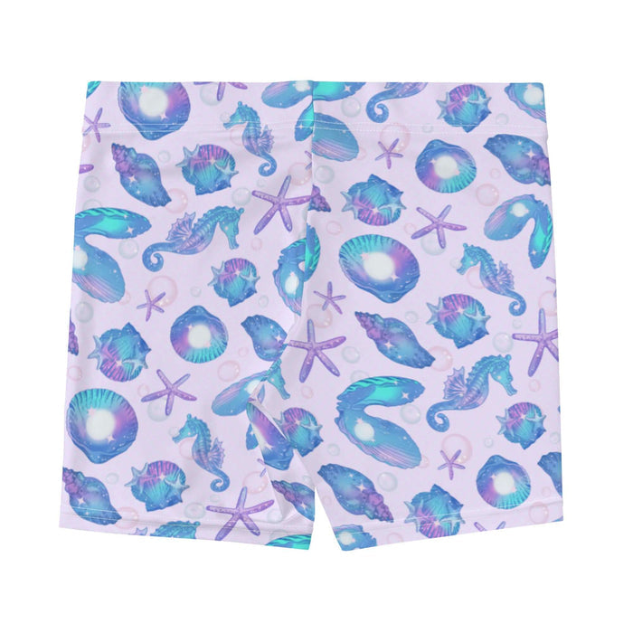 Sea Princess kawaii shorts with seahorses and conch shells in pastel blue, pink and purple