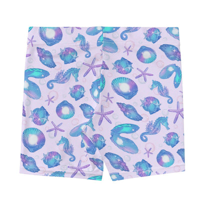 Sea Princess kawaii shorts with seahorses and conch shells in pastel blue, pink and purple