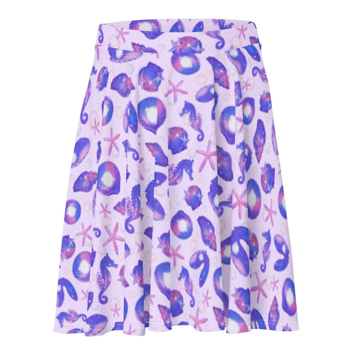 Sea Princess kawaii skater skirt with starfish and pearl oyster shells in pastel blue, pink and purple