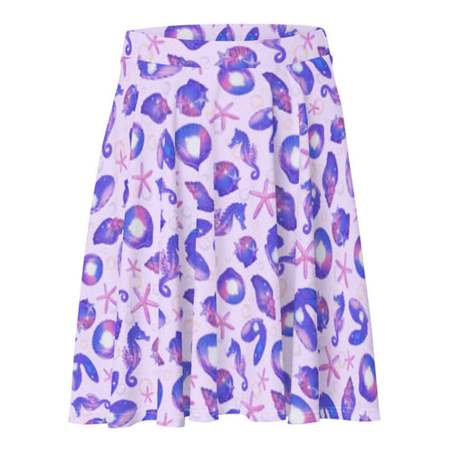 Sea Princess kawaii skater skirt with starfish and pearl oyster shells in pastel blue, pink and purple