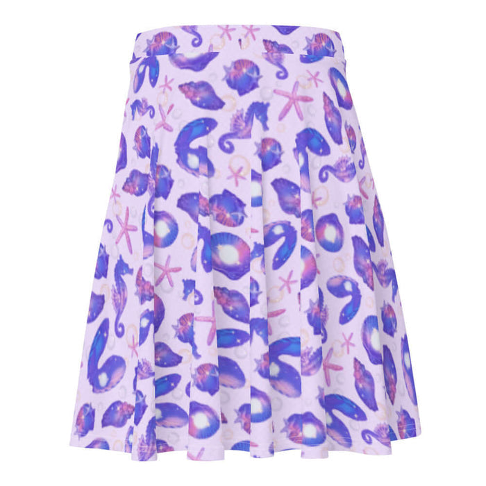 Sea Princess kawaii skater skirt with seahorses and conch shells in pastel blue, pink and purple