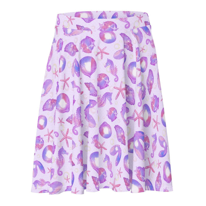 Sea Princess kawaii skater skirt with scallop shells and oyster shells in pastel blue, pink and purple