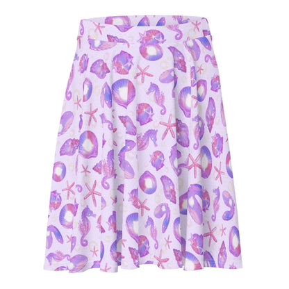Sea Princess kawaii skater skirt with scallop shells and oyster shells in pastel blue, pink and purple