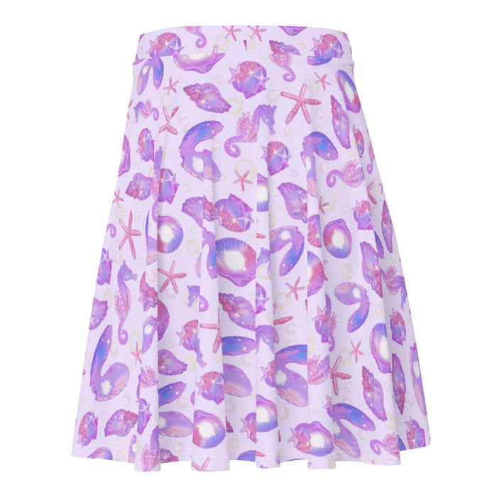 Sea Princess kawaii skater skirt with starfish and spiral conch shells in pastel blue, pink and purple