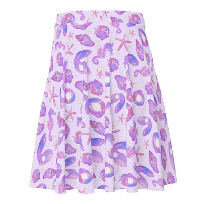 Sea Princess kawaii skater skirt with starfish and spiral conch shells in pastel blue, pink and purple