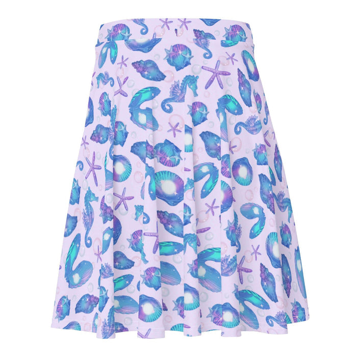 Sea Princess kawaii skater skirt with seahorses and scallop shells in pastel blue, pink and purple