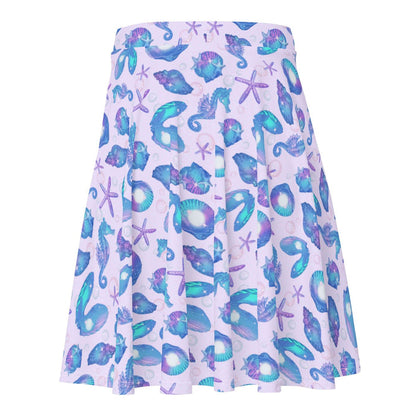 Sea Princess kawaii skater skirt with seahorses and scallop shells in pastel blue, pink and purple