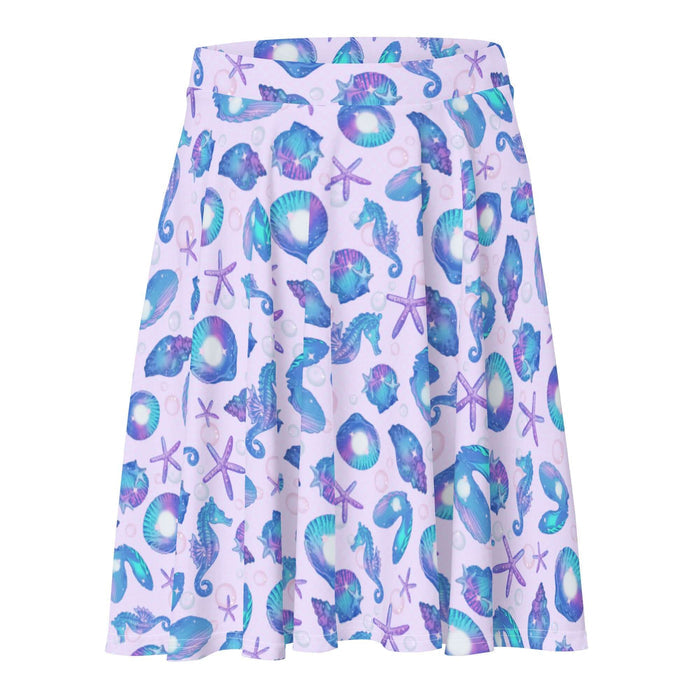 Sea Princess kawaii skater skirt with spiral shells and sea stars in pastel blue, pink and purple