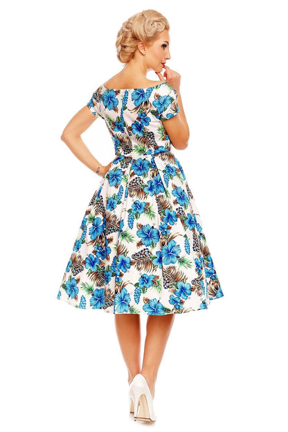 Lily Short Sleeved 50s Pleated Dress in White-Blue Orchid