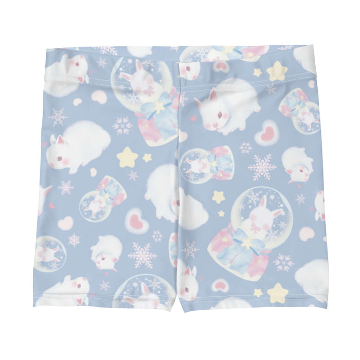Snow Bunny kawaii shorts with fluffy white bunnies and snow globes