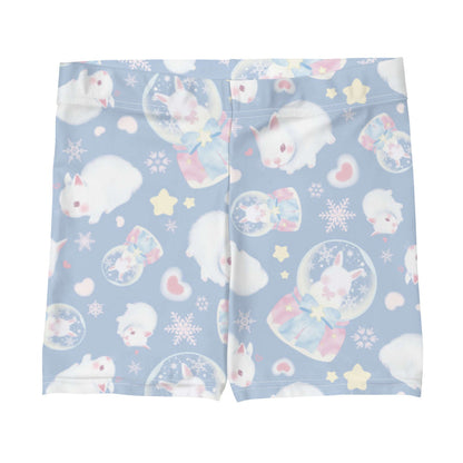 Snow Bunny kawaii shorts with fluffy white bunnies and snow globes